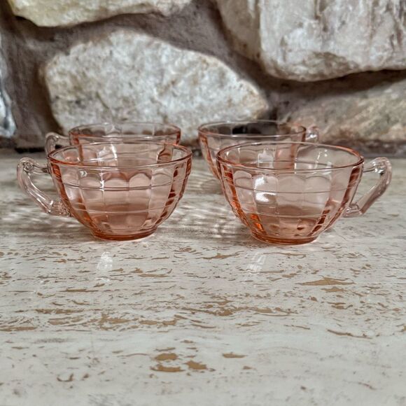 Vintage Anchor Hocking block optic pink tea cups set of 4 - Picture 1 of 13